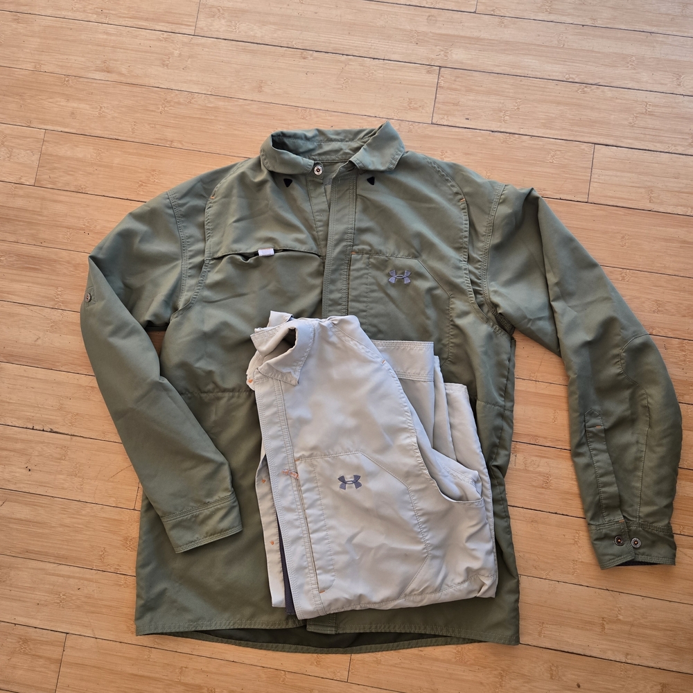 Under Armour Men's Green and Tan Fishing. 2 SHIRTS!!  EXCELLENT DEAL